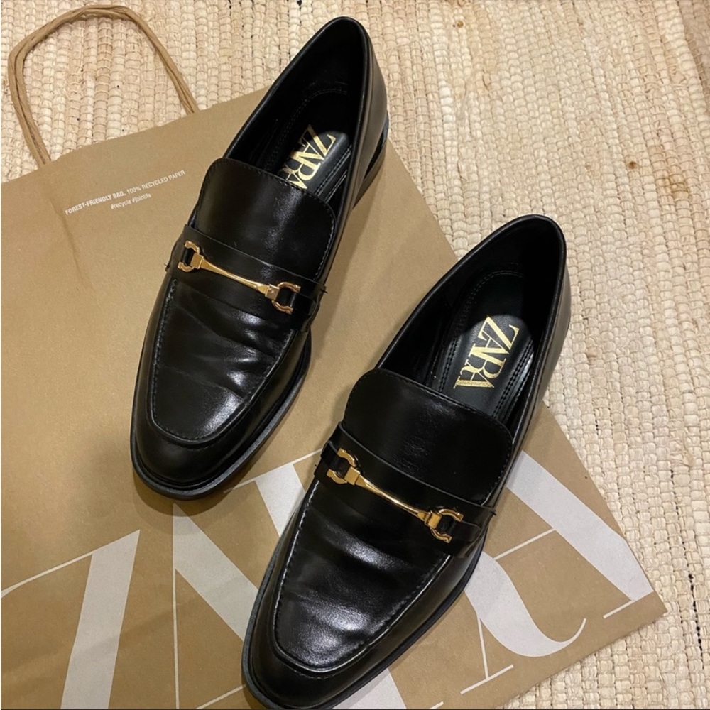 Zara black and gold faux leather loafers